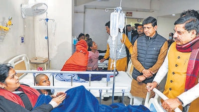 Madhya Pradesh chief minister Mohan Yadav meets an affected person undergoing treatment after consumption of contaminated water, at a hospital in Indore. (@DrMohanYadav51) Madhya Pradesh chief minister Mohan Yadav meets an affected person undergoing treatment after consumption of contaminated water, at a hospital in Indore. (@DrMohanYadav51)