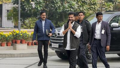 New Delhi: Telangana Chief Minister and Congress leader A Revanth Reddy, centre, arrives for the Congress Working Committee (CWC) meeting, in New Delhi, Saturday, Dec. 27, 2025. (PTI Photo/Atul Yadav)(PTI12_27_2025_000068B) (PTI)