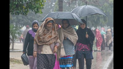People walk carrying umbrellas amid drizzling in Jalandhar on Thursday. (ANI) People walk carrying umbrellas amid drizzling in Jalandhar on Thursday. (ANI)