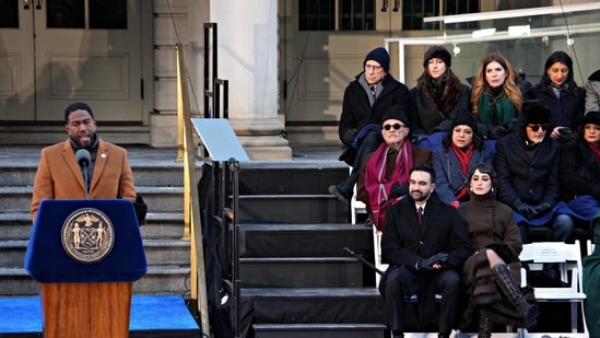 Jumaane Williams, New York City's public advocate, left, speaks during an inauguration ceremony with Rama Duwaji at City Hall in New York, US, on Thursday, Jan. 1, 2026. (Bloomberg)