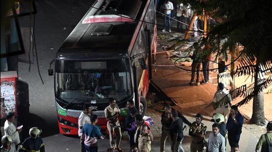 The accident in Bhandup on Monday which left four people dead also involved a wet lease bus, though the driver, currently under police custody, was a BEST staffer (Raju Shinde/HT Photo)