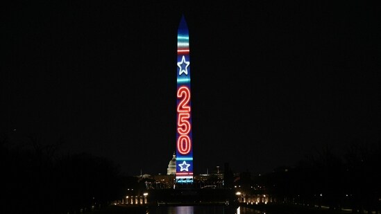The Washington Monument is illuminated to start the beginning of a momentous year for the US, as it marks 250 years since the Declaration of Independence was signed(AFP)