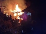 Firefighting operations are underway as a fire breaks out in Kishtwar, on Thursday. 