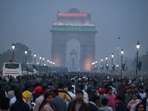 A huge crowd throngs India Gate to celebrate the New Year in New Delhi, India, on Thursday, January 1, 2026. 
