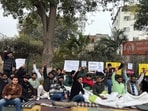 The protesting students are members of Bhagat SIngh Chhatra Sanghthan, DR Ambedkar Missionaries Vidhyarthi Association, National Students Organisation (NSO), SFI and others. (HT Photo)