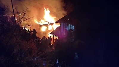 Firefighting operations are underway as a fire breaks out in Kishtwar, on Thursday. (ANI video grab) Firefighting operations are underway as a fire breaks out in Kishtwar, on Thursday. (ANI video grab)