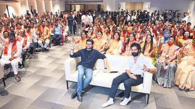 Glimpses of the manifesto were given by two third-generation Thackerays—Aaditya and Amit—representing the Shiv Sena (UBT) and MNS respectively at a meeting of the alliance’s candidates on Friday. (Raju Shinde/HT Photo) Glimpses of the manifesto were given by two third-generation Thackerays—Aaditya and Amit—representing the Shiv Sena (UBT) and MNS respectively at a meeting of the alliance’s candidates on Friday. (Raju Shinde/HT Photo)