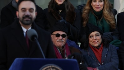 Mahmood Mamdani and Mira Nair, parents of Mayor Zohran Mamdani react as Mamdani speaks during his inauguration ceremony, Thursday, Jan. 1, 2026, in New York. (AP Photo/Heather Khalifa) (AP) Mahmood Mamdani and Mira Nair, parents of Mayor Zohran Mamdani react as Mamdani speaks during his inauguration ceremony, Thursday, Jan. 1, 2026, in New York. (AP Photo/Heather Khalifa) (AP)