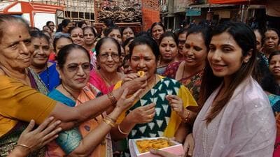 Thane, India - January -02, 2026: As the ShivSena (Shinde faction) candidate jayashree Fhatak has been elected unopposed in the Thane Municipal Corporation elections, they are expressing their happiness.Ê ,in Thane ,in Mumbai, India, on, Friday, January -02, 2026. ( Praful Gangurde / HT Photo) Thane, India - January -02, 2026: As the ShivSena (Shinde faction) candidate jayashree Fhatak has been elected unopposed in the Thane Municipal Corporation elections, they are expressing their happiness.Ê ,in Thane ,in Mumbai, India, on, Friday, January -02, 2026. ( Praful Gangurde / HT Photo)