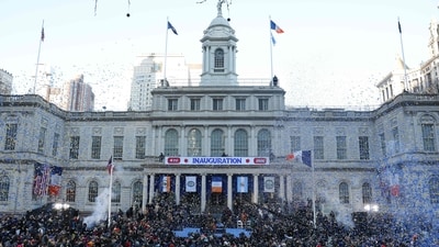 Confetti rains down on the crowd during New York mayor Zohran Mamdani's public inauguration ceremony followed by a block party at City Hall in New York. (AFP) Confetti rains down on the crowd during New York mayor Zohran Mamdani's public inauguration ceremony followed by a block party at City Hall in New York. (AFP)