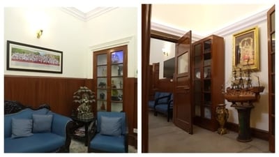 Union minister Nitin Gadkari's home follows a traditional style with rich wooden accents and a traditional collection of art. (Picture credit: Youtube/@FarahKhan) Union minister Nitin Gadkari's home follows a traditional style with rich wooden accents and a traditional collection of art. (Picture credit: Youtube/@FarahKhan)