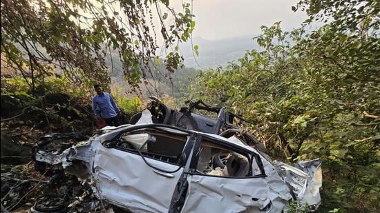 According to the police, the car veered off the road and fell into a 700–800 metre-deep gorge, leaving the vehicle completely crushed. (HT photo)