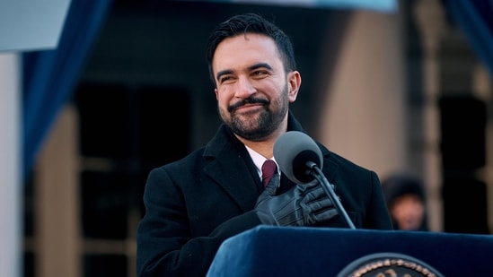 Mayor Zohran Mamdani reacts during his inauguration ceremony,&nbsp;(AP)