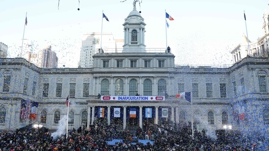 Confetti rains down on the crowd during New York mayor Zohran Mamdani's public inauguration ceremony followed by a block party at City Hall in New York.(AFP)
