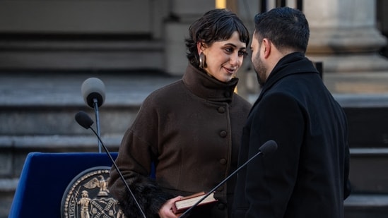 New York Mayor Zohran Mamdani and his wife Rama Duwaji after his ceremonial inauguration as mayor at City Hall Thursday January 1, 2026 in New York.(Getty Images via AFP)