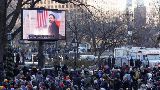 A screen shows Zohran Mamdani on the day of his inauguration as the new Mayor of New York City.(REUTERS)
