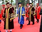 Chief Justice of India (CJI) Surya Kant, centre, Bihar education minister Sunil Kumar, front left, and Patna HC acting chief justice Sudhir Singh, second right, during the annual convocation ceremony of Chanakya National Law University (CNLU) in Patna on Saturday. (PTI)
