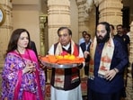 Reliance Industries Chairman Mukesh Ambani with wife Nita Ambani and son Anant Ambani seeks blessings at the Somnath temple, in Gir Somnath district, Gujarat, 