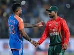 India's T20I captain Suryakumar Yadav shakes hands with his Bangladesh counterpart Najmul Hossain Shanto. during Asia Cup 2025.