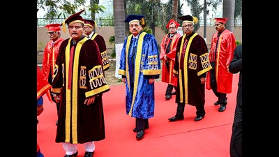 Chief Justice of India (CJI) Surya Kant, centre, Bihar education minister Sunil Kumar, front left, and Patna HC acting chief justice Sudhir Singh, second right, during the annual convocation ceremony of Chanakya National Law University (CNLU) in Patna on Saturday. (PTI) Chief Justice of India (CJI) Surya Kant, centre, Bihar education minister Sunil Kumar, front left, and Patna HC acting chief justice Sudhir Singh, second right, during the annual convocation ceremony of Chanakya National Law University (CNLU) in Patna on Saturday. (PTI)
