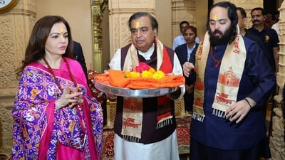 Reliance Industries Chairman Mukesh Ambani with wife Nita Ambani and son Anant Ambani seeks blessings at the Somnath temple, in Gir Somnath district, Gujarat, (PTI) Reliance Industries Chairman Mukesh Ambani with wife Nita Ambani and son Anant Ambani seeks blessings at the Somnath temple, in Gir Somnath district, Gujarat, (PTI)
