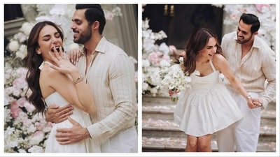 Nitibha Kaul and her boyfriend pose for pictures after their engagement.