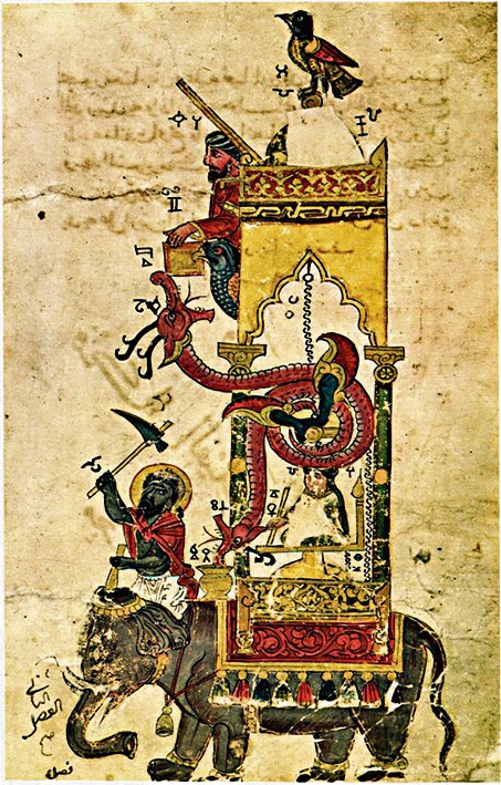 An “elephant clock” that used a water-filled basin in an elephant sculpture to tell and announce the time, in 13th-century Turkey. (Wikimedia Commons) An “elephant clock” that used a water-filled basin in an elephant sculpture to tell and announce the time, in 13th-century Turkey. (Wikimedia Commons)