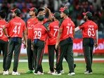 Bangladesh's Mustafizur Rahman celebrates with teammates. Bangladesh's Mustafizur Rahman celebrates with teammates.