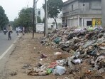 Heaps of waste lying in a green belt area in Model Town in Ludhiana on Sunday. (Gurpreet Singh/HT)