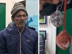 Om Prakash under arrest and (right) explosive balls seized from him (HT Photos)