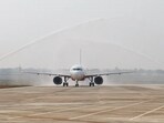 An Air India plane received a grand welcome with water cannons at Andhra Pradesh's upcoming Bhogapuram International Airport in Vizianagaram district, around 50 km from the city of Visakhapatnam, on Sunday morning, January 4.