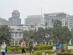 New Delhi, India - Jan. 4, 2026: People are seen on a cold and foggy afternoon at Central Park, Connaught Place, as temperatures drop, in New Delhi, India, on Sunday, January 4, 2026.