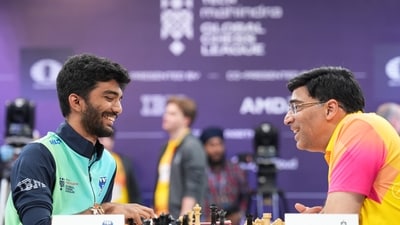 D Gukesh and Viswanathan Anand share a moment during a game. (GCL) D Gukesh and Viswanathan Anand share a moment during a game. (GCL)