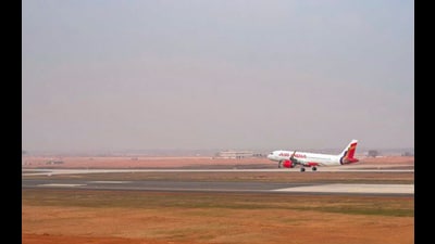 An airplane during the validation flight conduction at the Bhogapuram International Airport, in Visakhapatnam, Andhra Pradesh, on Sunday. (@RamMNK) An airplane during the validation flight conduction at the Bhogapuram International Airport, in Visakhapatnam, Andhra Pradesh, on Sunday. (@RamMNK)