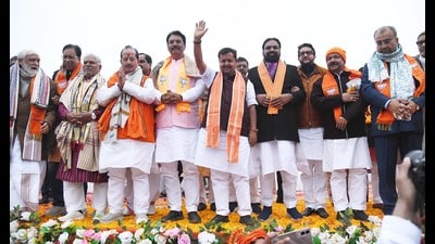 BJP national working president Nitin Nabin with BJP state president Sanjay Saraogi, deputy chief ministers Samrat Choudhary, Vijay Sinha and others during a party event at Millar School ground in Patna last year. Of Bihar parties, BJP has taken the lead with making changes at the top. (Santosh Kumar/HT) BJP national working president Nitin Nabin with BJP state president Sanjay Saraogi, deputy chief ministers Samrat Choudhary, Vijay Sinha and others during a party event at Millar School ground in Patna last year. Of Bihar parties, BJP has taken the lead with making changes at the top. (Santosh Kumar/HT)