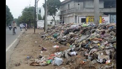 Heaps of waste lying in a green belt area in Model Town in Ludhiana on Sunday. (Gurpreet Singh/HT) Heaps of waste lying in a green belt area in Model Town in Ludhiana on Sunday. (Gurpreet Singh/HT)
