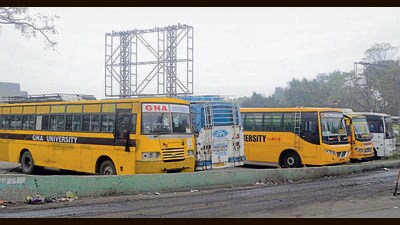 Private buses of educational institutions parked at ISBT in Ludhiana on Sunday. (Gurpreet Singh/HT) Private buses of educational institutions parked at ISBT in Ludhiana on Sunday. (Gurpreet Singh/HT)