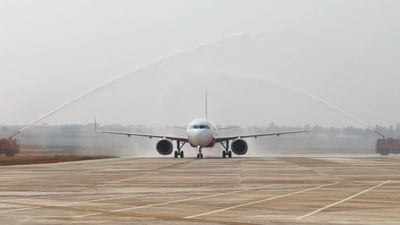 An Air India plane received a grand welcome with water cannons at Andhra Pradesh's upcoming Bhogapuram International Airport in Vizianagaram district, around 50 km from the city of Visakhapatnam, on Sunday morning, January 4. (X/Rammohan Naidu) An Air India plane received a grand welcome with water cannons at Andhra Pradesh's upcoming Bhogapuram International Airport in Vizianagaram district, around 50 km from the city of Visakhapatnam, on Sunday morning, January 4. (X/Rammohan Naidu)