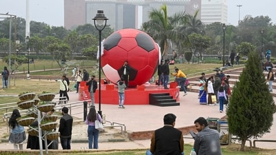 Gram it: Have you noticed a football-shaped installation at the Central Park in Connaught Place of late? Even as temperatures in the Capital continue to drop, Delhiites aren't missing out on the chance to click selfies with this sporty art in the backdrop. Seems to be a new way to kick out cold and foggy feels during wintery afternoons! (Photo: Sanjeev Verma/HT)