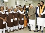 Bihar CM Nitish Kumar with Deputy CMSamrat Choudhary visit women-run kitchen cum canteen at New Police Line in Patna. (Santosh Kumar/HT)