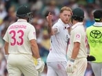 Ben Stokes exchanges words with Australia's Marnus Labuschagne as Travis Head looks on.