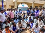 Dalit leaders and supporters take out a procession with the mortal remains of Ranjitha Banasode, a Hindu Dalit woman allegedly murdered, in Hubballi, Karnataka on Sunday. (PTI)