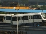 Mumbai, India. Nov 05, 2025 - The new Monorail racks derailed outside the Monorail depot in Wadala during a trial run. Monorail services suspended from September 20, 2025, to facilitate the installation of new rakes, the commissioning of the CBTC-based signalling system, and an overall fleet and infrastructure upgrade. Mumbai, India. Nov 05, 2025. (Photo by Raju Shinde/HT Photo)