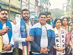 NCP candidates during campaign in Wadgaonsheri. (HT PHOTO)