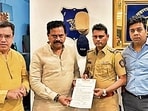 Shiv Sena (UBT) leader Rajan Vichare and MNS leader Avinash Jadhav on Sunday submitted a complaint against three Sena (UBT) candidates at the Srinagar Police Station in Thane. (Praful Gangurde / HT Photo) Shiv Sena (UBT) leader Rajan Vichare and MNS leader Avinash Jadhav on Sunday submitted a complaint against three Sena (UBT) candidates at the Srinagar Police Station in Thane. (Praful Gangurde / HT Photo)