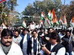 The Jharkhand unit of the Congress party on Monday marched from Bapu Vatika to Lok Bhavan. (HT Photo)