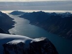 An aerial view shows a fjord in western Greenland.