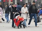 Visitors at the Sector 17 Plaza amid chilly weather in Chandigarh on Sunday. (Keshav Singh/HT)