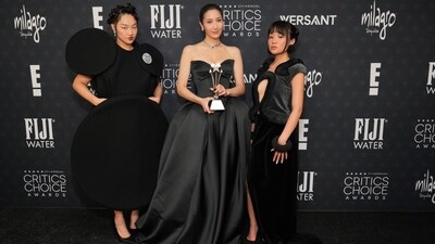Audrey Nuna, EJAE, and Rei Ami, winners of the award for best song for Golden, from KPop Demon Hunters, pose in the press room during the 31st Annual Critics Choice Awards. The three divas dazzled in all-black ensembles.&nbsp; (Jordan Strauss/Invision/AP)
