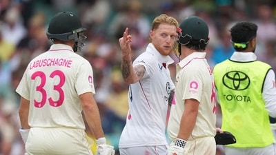 Ben Stokes exchanges words with Australia's Marnus Labuschagne as Travis Head looks on. (REUTERS)